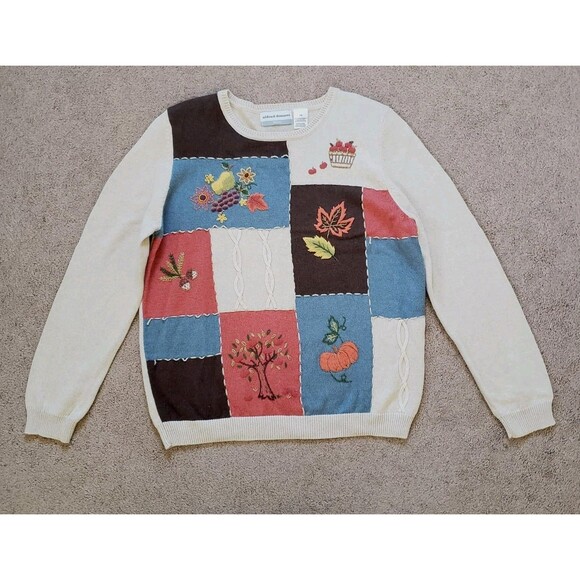 Alfred Dunner Fall Theme Sweater Embroidered Pumpkins Apples Leaves Women’s PM - Picture 1 of 6